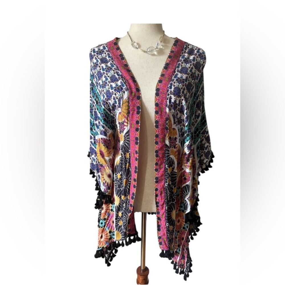 Trina Turk Breeze Tassel swim cover up Kimono Open Front Beach Resort One Size